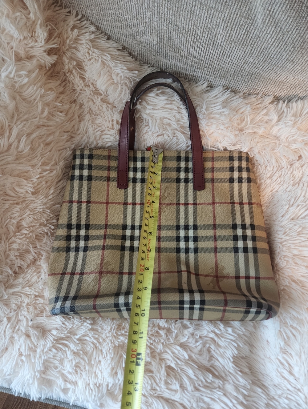 Classic Check Canvas Tote Bag with Burgundy Handles - Picture 3 of 11